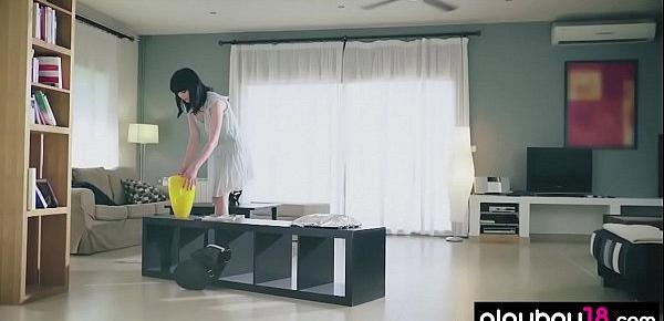  Pale skinned busty babe naked housekeeping session